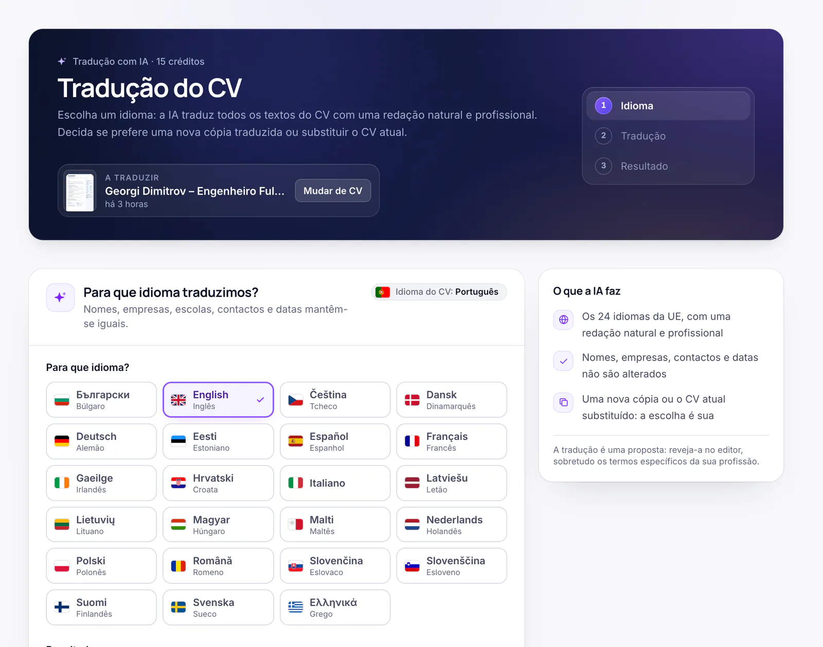 A página «Tradução do CV» com a escolha entre os 24 idiomas da UE
