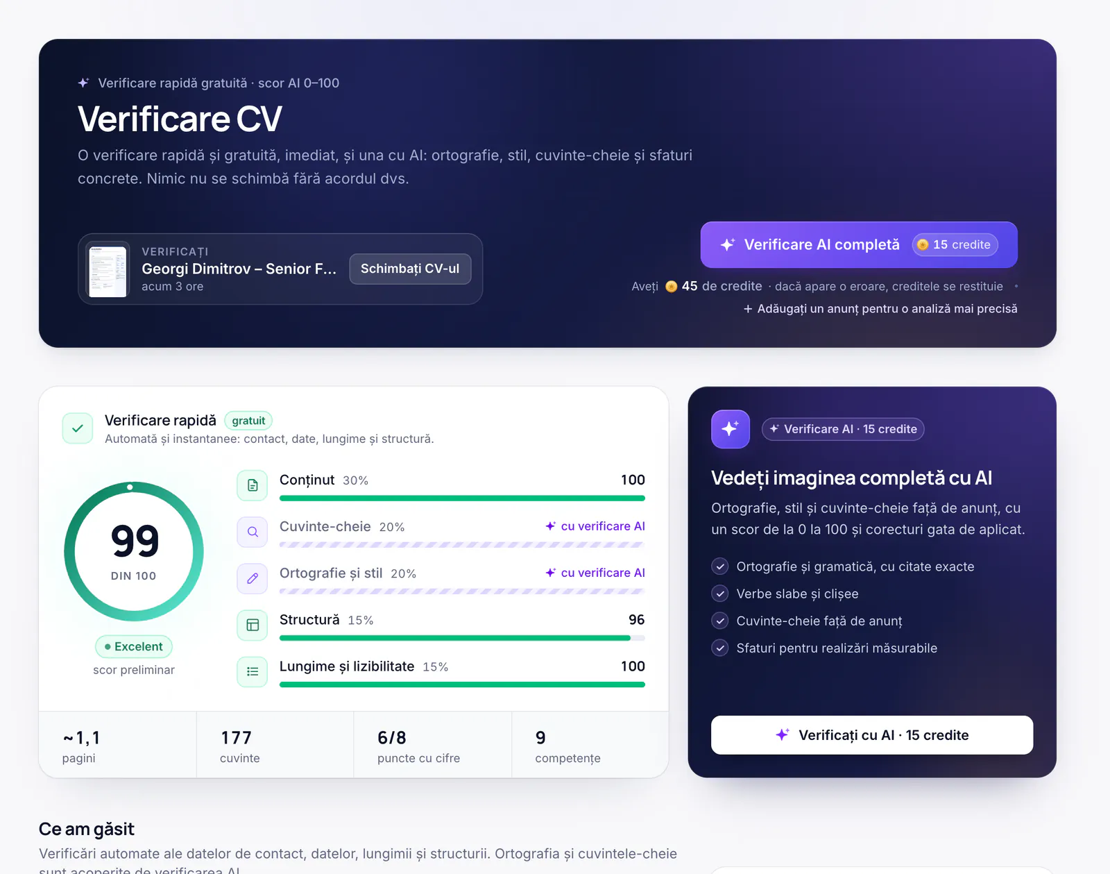Verificare CV: scor din 100 pentru conținut, cuvinte-cheie, ortografie, structură și lungime
