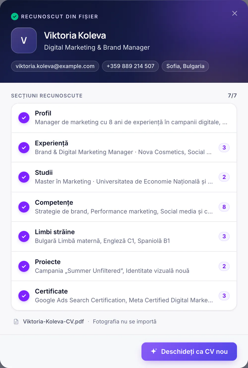 Rezultatul citirii unui CV încărcat: secțiuni recunoscute cu numărul de înregistrări