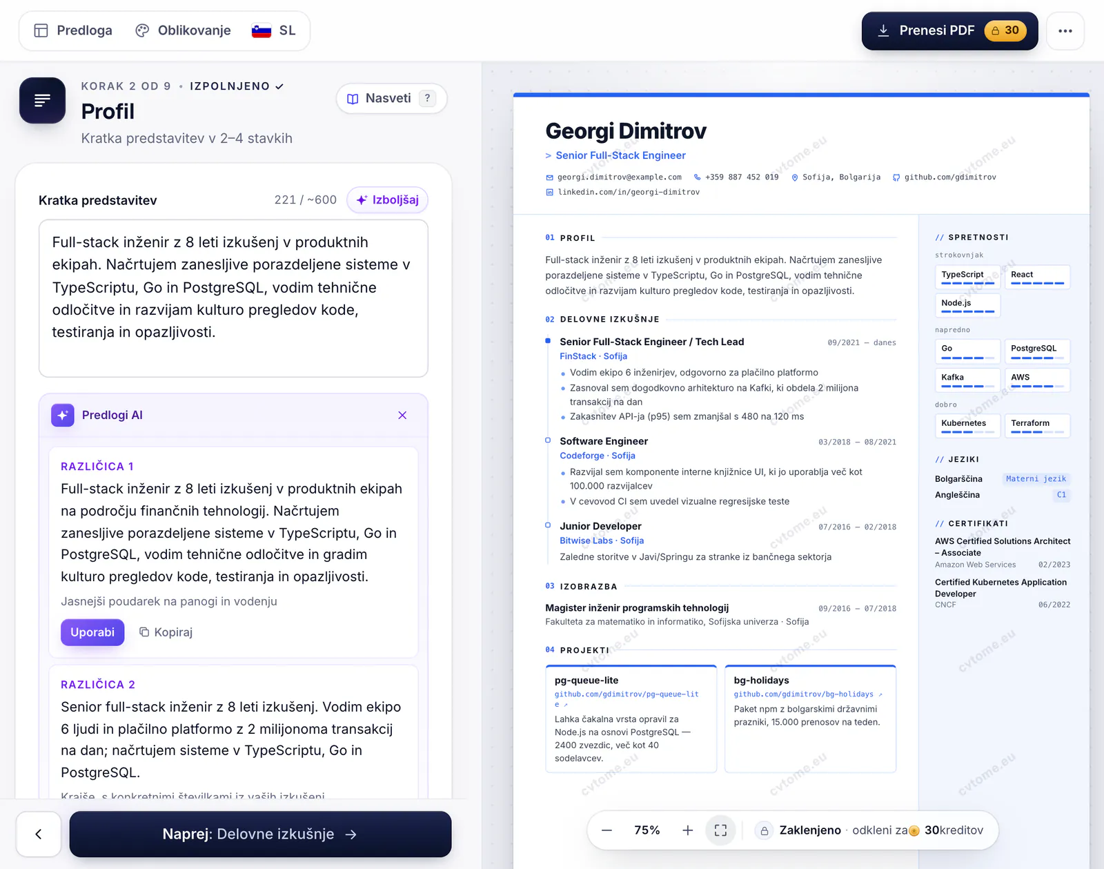 Predlogi AI za profil v urejevalniku z gumbom »Uporabi to«
