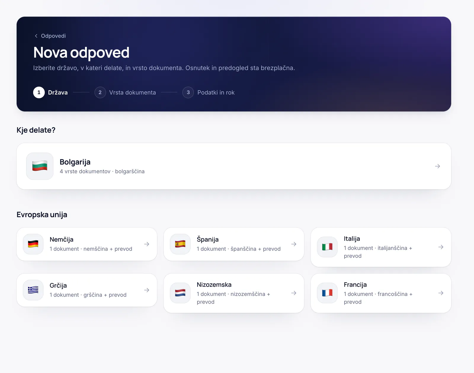 Prvi korak nove odpovedi: izbira države (Bolgarija, Nemčija, Španija, Italija, Grčija, Nizozemska ali Francija)